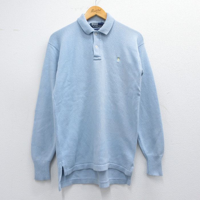 【50%OFF】S★古着 ラルフローレン Ralph Lauren 長袖 ブランド セーター メンズ 90年代 90s ワンポイントロゴ コットン 襟付き 薄紺 ネイビー 25mar25 中古 ニット トップス