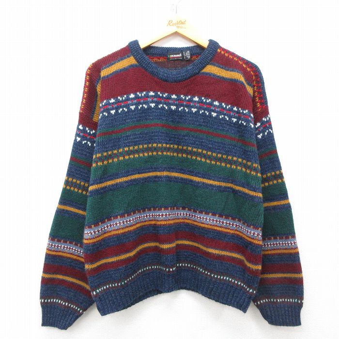 【50%OFF】L★古着 長袖 セーター メンズ 90年代 90s アクリル クルーネック USA製 濃紺他 ネイビー ボーダー 【spe】 25mar27 中古 ニット トップス