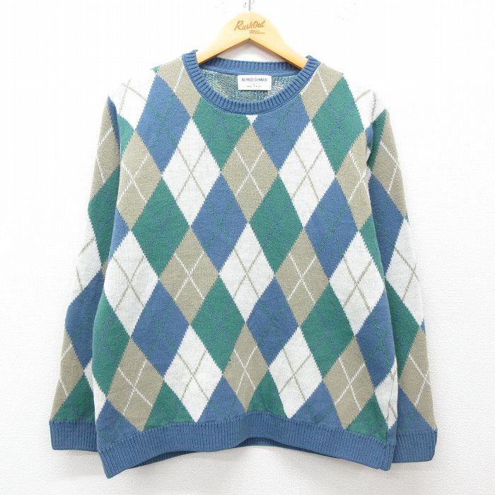 M★古着 長袖 セーター メンズ 90年代 90s アーガイル アクリル クルーネック USA製 薄紺他 ネイビー 25mar27 中古 ニット トップス