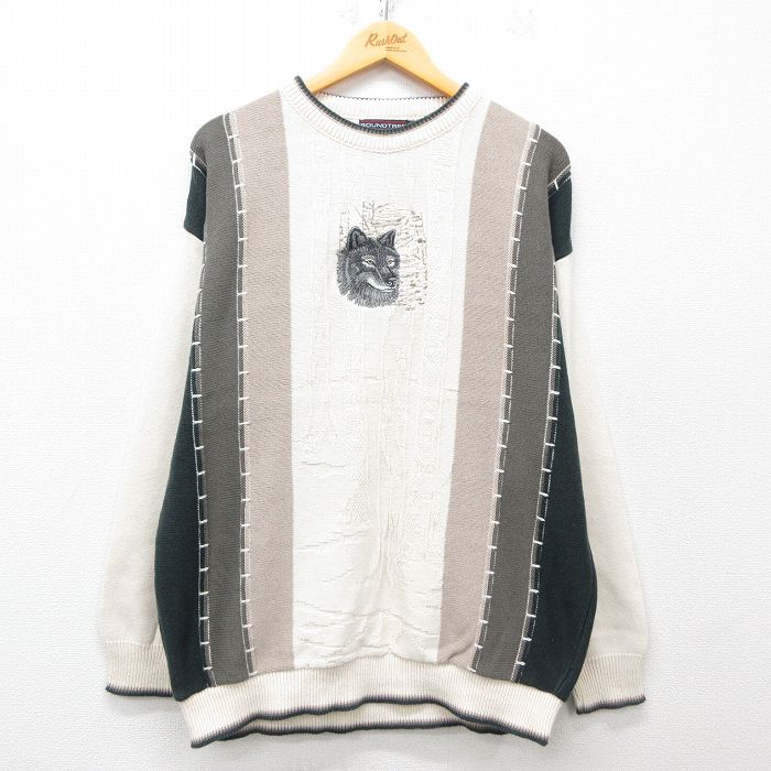 90s 長袖セーター オオカミ刺繍 生成り XL | 古着