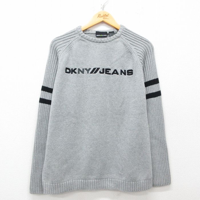M★古着 ダナキャラン DKNY 長袖 セーター メンズ ビッグロゴ ラグラン コットン クルーネック グレー 25mar27 中古 ニット トップス