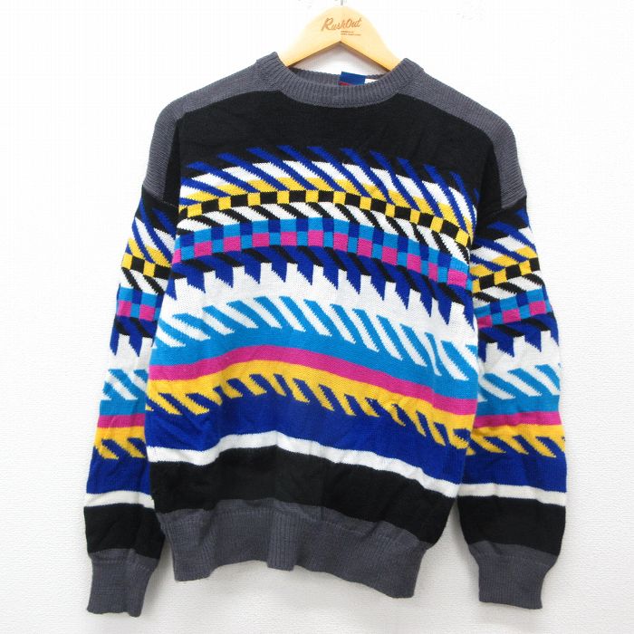 【50%OFF】M★古着 オーシャンパシフィック OP 長袖 セーター メンズ 90年代 90s アクリル クルーネック 黒他 ブラック 25mar27 中古 ニット トップス