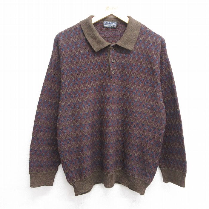 M★古着 ジャンセン 長袖 セーター メンズ 90年代 90s 襟付き アクリル エンジ他 25mar28 中古 ニット トップス