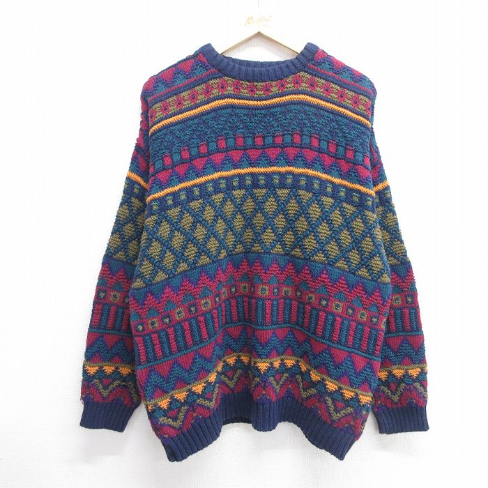 【50%OFF】XL★古着 長袖 セーター メンズ 90年代 90s コットン クルーネック USA製 紺他 ネイビー 25mar28 中古 ニット トップス
