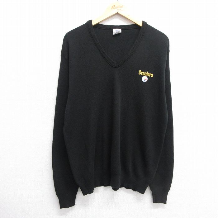 【20%OFF】XL★古着 長袖 セーター メンズ 90年代 90s NFL ピッツバーグスティーラーズ アクリル Vネック USA製 黒 ブラック 25mar28 中古 ニット トップス