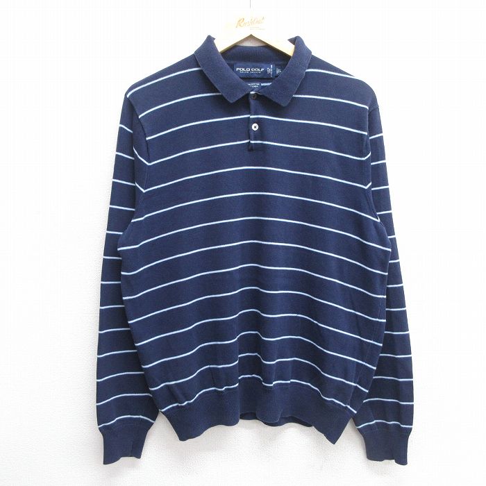 L★古着 ラルフローレン Ralph Lauren ポロゴルフ 長袖 ブランド セーター メンズ 90年代 90s 襟付き 濃紺他 ネイビー ボーダー 【spe】 25mar28 中古 ニット トップス