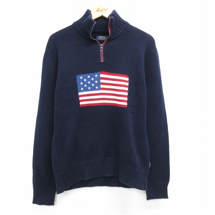 M★古着 ラルフローレン Ralph Lauren 長袖 ブランド ハーフジップ セーター メンズ 星条旗 USA製 紺 ネイビー 【spe】 25mar28 中古 ニット トップス