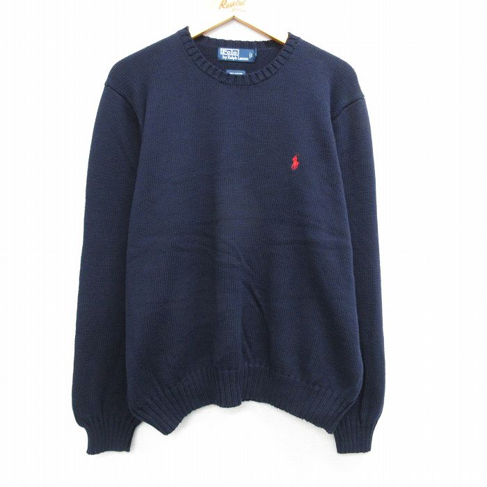 XL★古着 ラルフローレン Ralph Lauren 長袖 ブランド セーター メンズ 90年代 90s ワンポイントロゴ 大きいサイズ コットン クルーネック 紺 ネイビー 25mar28 中古 ニット トップス