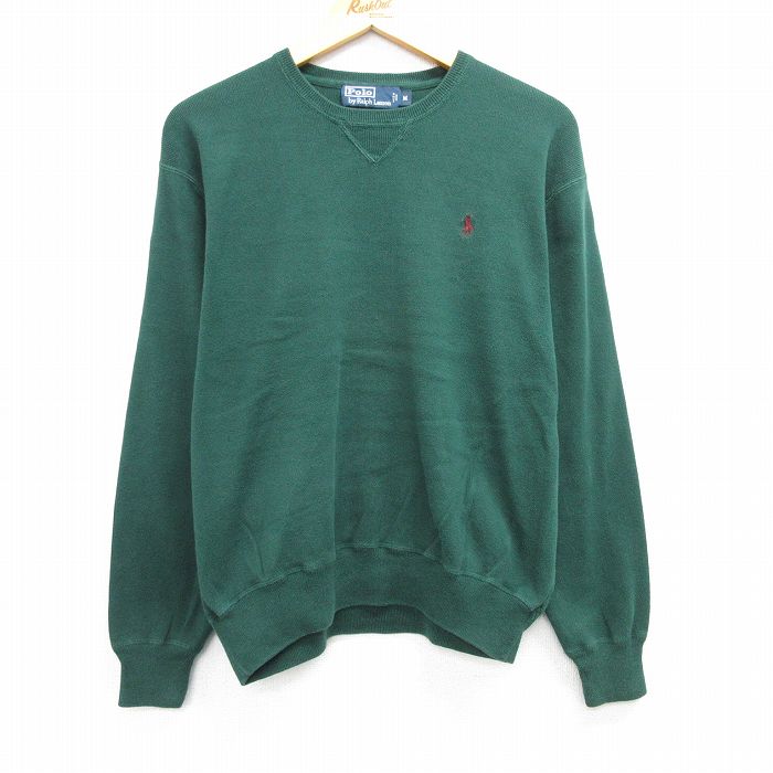 L★古着 ラルフローレン Ralph Lauren 長袖 ブランド セーター メンズ 90年代 90s ワンポイントロゴ コットン クルーネック 緑 グリーン 25mar28 中古 ニット トップス