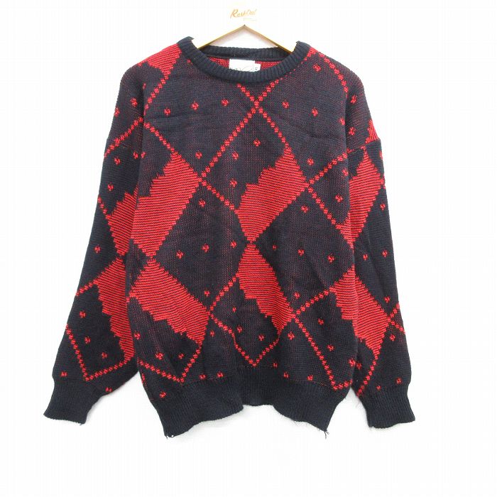 【50%OFF】L★古着 長袖 セーター メンズ 90年代 90s アクリル クルーネック USA製 黒他 ブラック 25mar28 中古 ニット トップス