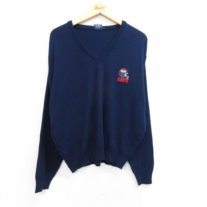 【50%OFF】XL★古着 長袖 セーター メンズ 90年代 90s NFL ニューヨークジャイアンツ アクリル Vネック USA製 紺 ネイビー アメフト スーパーボウル 25mar28 中古 ニット トップス