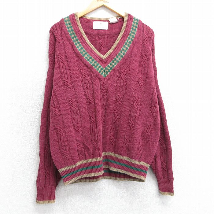 【20%OFF】XL★古着 長袖 ケーブル チルデン セーター メンズ 大きいサイズ Vネック エンジ 25apr01 中古 ニット トップス