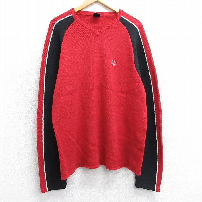 【20%OFF】M★古着 ノーティカ NAUTICA 長袖 ブランド セーター メンズ ワンポイントロゴ ラグラン Vネック 赤他 レッド 25apr01 中古 ニット トップス