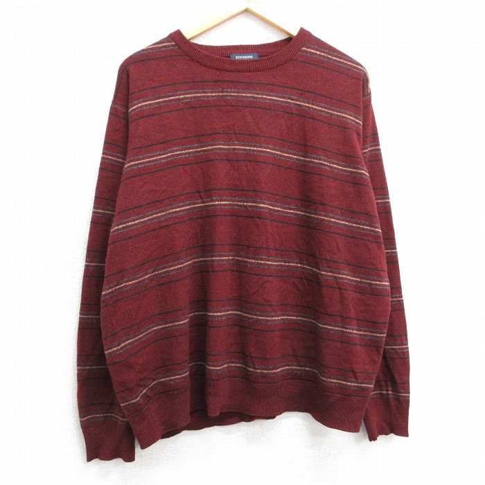 XL★古着 ドッカーズ 長袖 セーター メンズ アクリル クルーネック エンジ他 ボーダー 25apr01 中古 ニット トップス