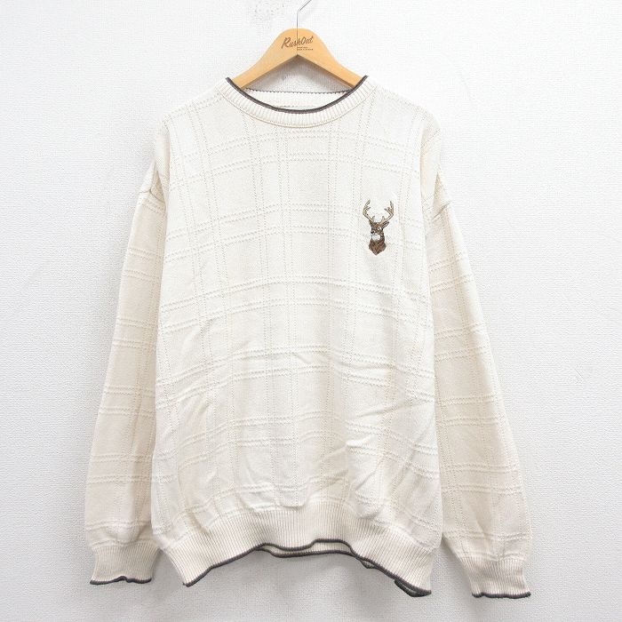 XL★古着 長袖 セーター メンズ 90年代 90s シカ 大きいサイズ コットン クルーネック USA製 生成り 25aug30 中古 ニット トップス