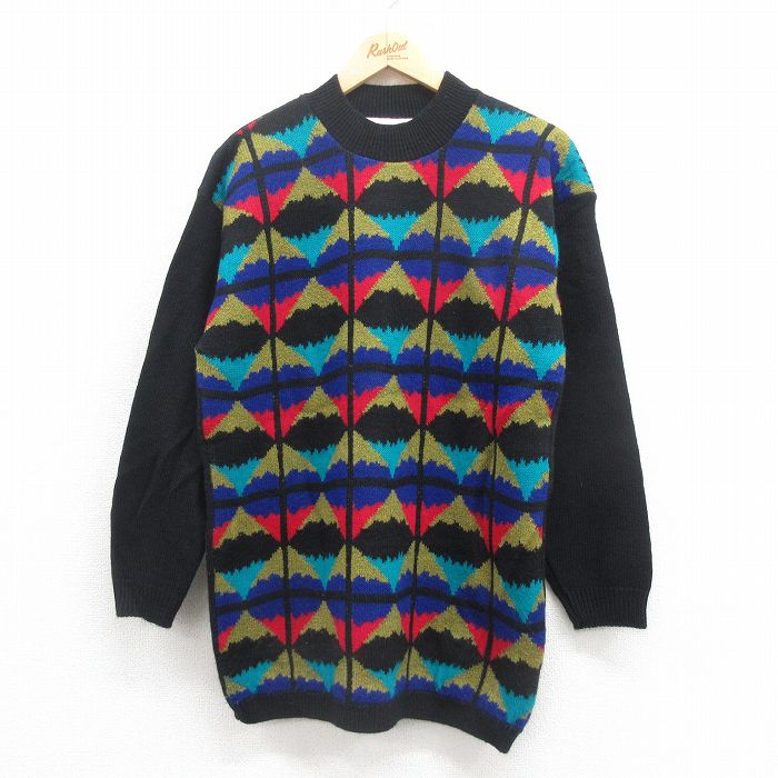 M★古着 長袖 セーター メンズ 90年代 90s アクリル クルーネック USA製 黒他 ブラック 25aug30 中古 ニット トップス