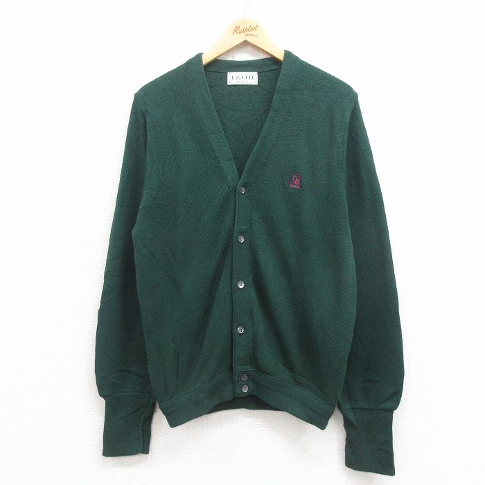 M★古着 IZOD 長袖 ニット カーディガン メンズ 90年代 90s ワンポイントロゴ アクリル USA製 緑 グリーン 25aug30 中古 トップス