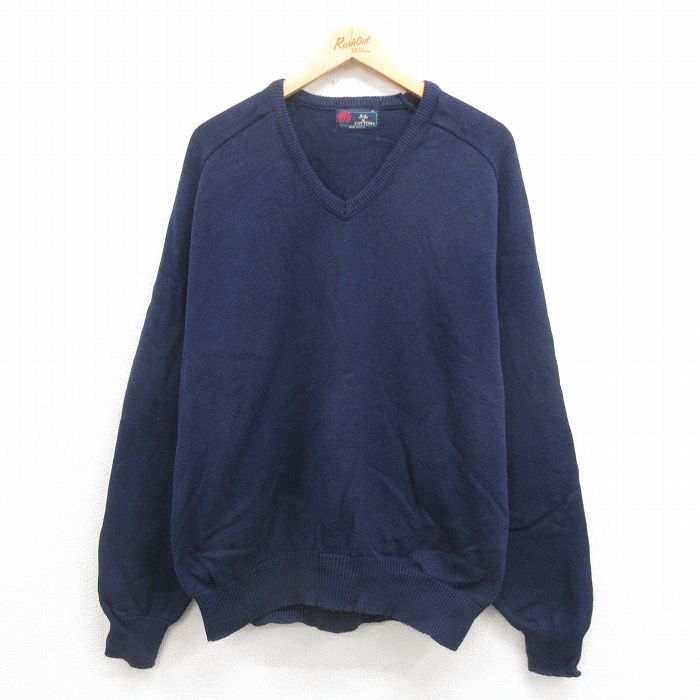 【20%OFF】XL★古着 長袖 セーター メンズ 90年代 90s 無地 コットン ラグラン Vネック 紺 ネイビー 25aug30 中古 ニット トップス