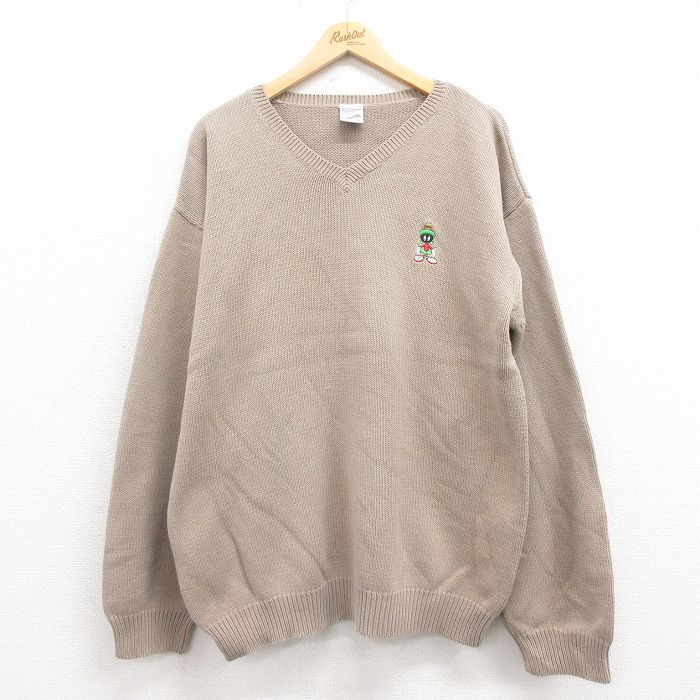 XL★古着 長袖 セーター メンズ 90年代 90s ルーニーテューンズ LOONEY TUNES マービンザマーシャン コットン Vネック ベージュ カーキ 【spe】 25aug30 中古 ニット トップス