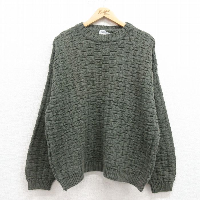 XL★古着 長袖 ケーブル セーター メンズ 90年代 90s コットン クルーネック USA製 緑 グリーン 25aug30 中古 ニット トップス
