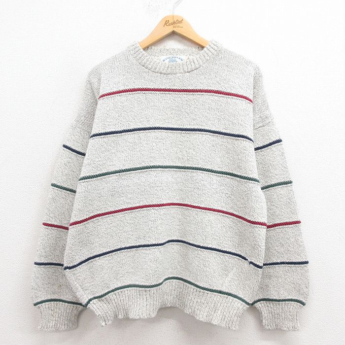 XL★古着 長袖 セーター メンズ 90年代 90s コットン クルーネック USA製 グレー 霜降り ボーダー 25aug30 中古 ニット トップス