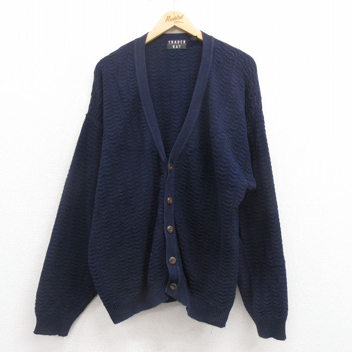 XL★古着 長袖 ニット カーディガン メンズ 90年代 90s 大きいサイズ コットン USA製 紺 ネイビー 25aug30 中古 トップス