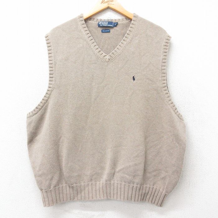 XL★古着 ラルフローレン Ralph Lauren ブランド ニット ベスト メンズ 90年代 90s ワンポイントロゴ 大きいサイズ コットン ベージュ系 カーキ 25sep03 中古 トップス