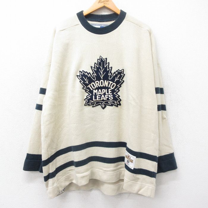 XL★古着 長袖 セーター メンズ NHL TORONT 刺繍 大きいサイズ アクリル クルーネック カナダ製 生成り他 アイスホッケー 25sep03 中古 ニット トップス