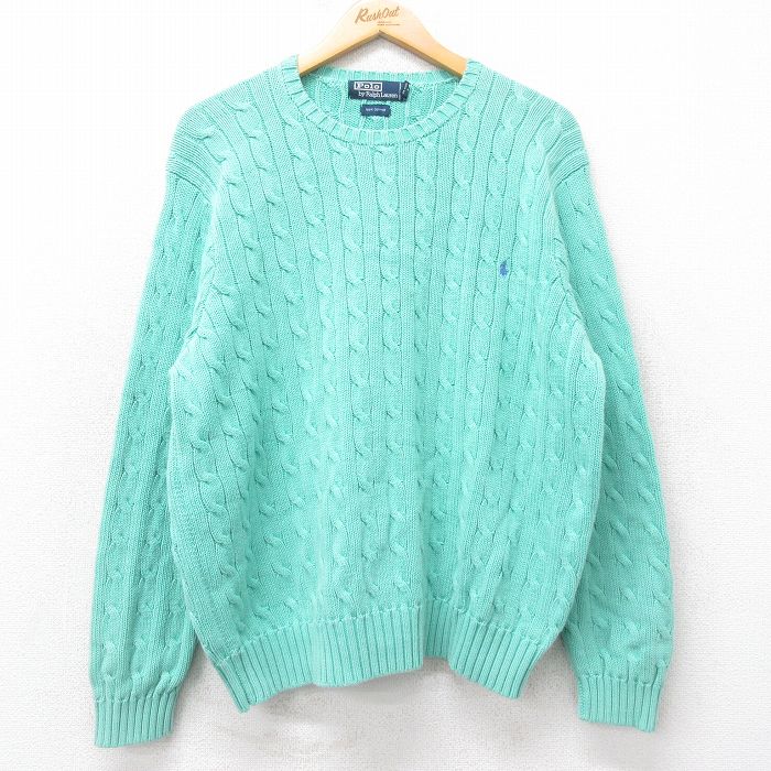 XL★古着 ラルフローレン Ralph Lauren 長袖 ブランド ケーブル セーター メンズ 90年代 90s ワンポイントロゴ コットン クルーネック 薄青緑 25sep03 中古 ニット トップス