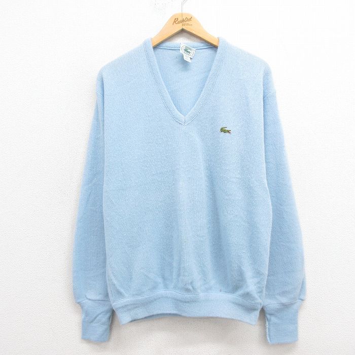 L★古着 ラコステ LACOSTE IZOD 長袖 ブランド セーター メンズ 90年代 90s ワンポイントロゴ アクリル Vネック USA製 水色 25sep04 中古 ニット トップス