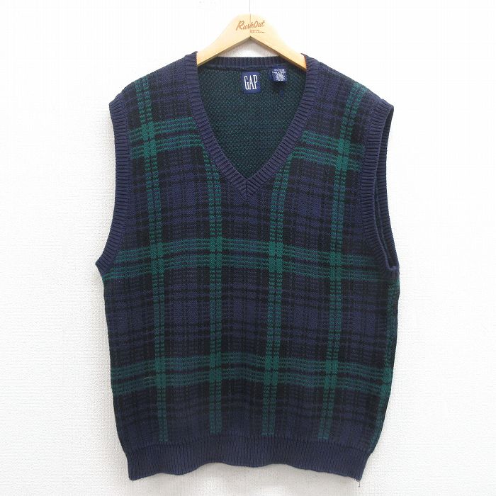 M★古着 ギャップ GAP ニット ベスト メンズ 90年代 90s コットン Vネック 濃紺他 ネイビー チェック 【spe】 25sep05 中古 トップス