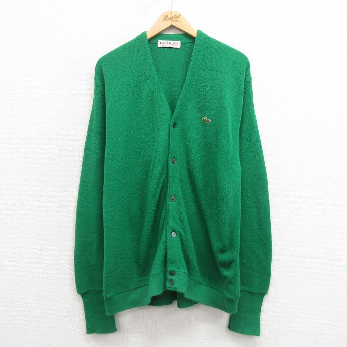 L★古着 IZOD 長袖 ニット カーディガン メンズ 70年代 70s ワンポイントロゴ 緑 グリーン 25sep05 中古 トップス