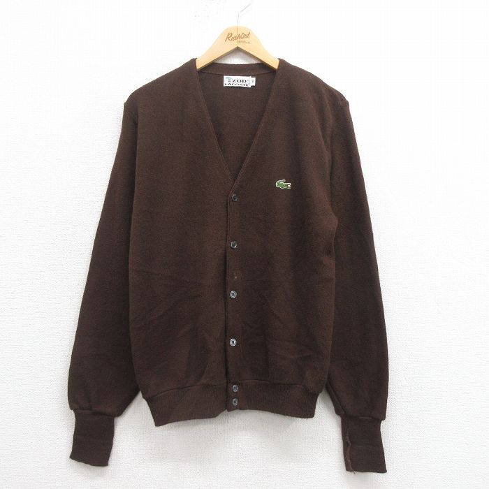 M★古着 ラコステ LACOSTE IZOD 長袖 ブランド ニット カーディガン メンズ 80年代 80s ワンポイントロゴ こげ茶 ブラウン 25sep05 中古 トップス