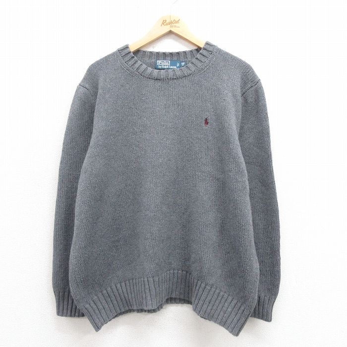 XL★古着 ラルフローレン Ralph Lauren 長袖 ブランド セーター メンズ 90年代 90s ワンポイントロゴ 大きいサイズ コットン クルーネック グレー 霜降り 【spe】 25sep05 中古 ニット トップス