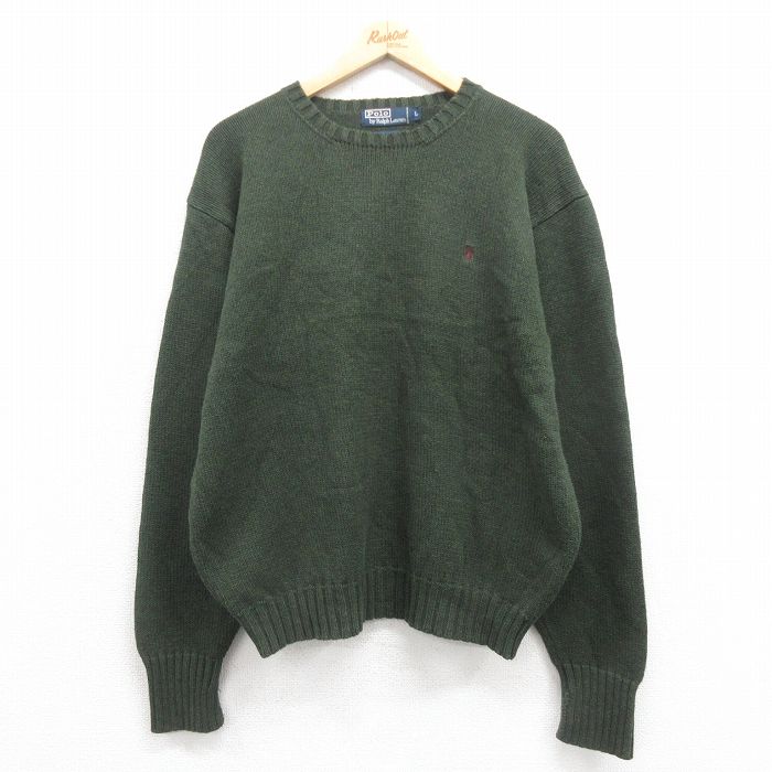 L★古着 ラルフローレン Ralph Lauren 長袖 ブランド セーター メンズ 90年代 90s ワンポイントロゴ コットン クルーネック 緑 グリーン 【spe】 25sep06 中古 ニット トップス