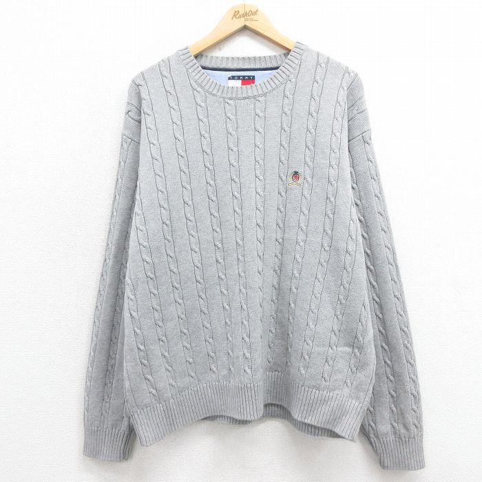 XL★古着 トミーヒルフィガー TOMMY HILFIGER 長袖 ブランド ケーブル セーター メンズ 90年代 90s ワンポイントロゴ 大きいサイズ コットン クルーネック グレー 25sep06 中古 ニット トップス