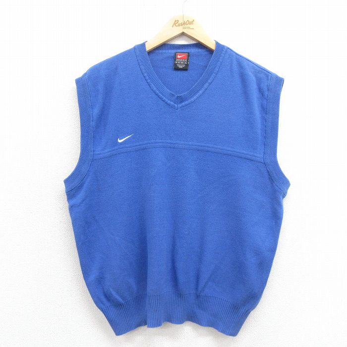 【20%OFF】L★古着 ナイキ NIKE ニット ベスト メンズ 00年代 00s ワンポイントロゴ コットン Vネック 青 ブルー 25sep06 中古 トップス