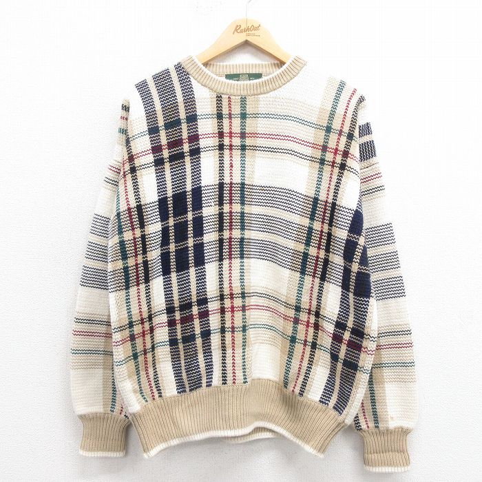 XL★古着 オービス ORVIS 長袖 セーター メンズ 90年代 90s コットン クルーネック ベージュ他 カーキ 25sep06 中古 ニット トップス