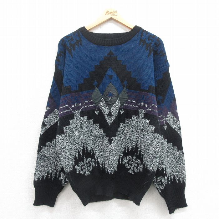 【50%OFF】90s 長袖セーター ネイティブ柄 ネイビー M | 古着