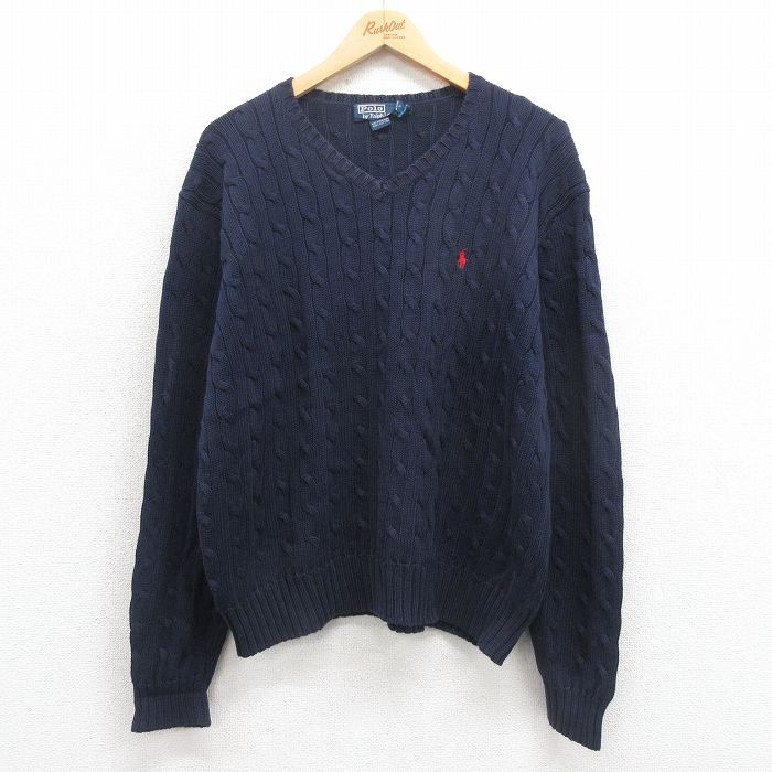 XL★古着 ラルフローレン Ralph Lauren 長袖 ブランド ケーブル セーター メンズ 90年代 90s ワンポイントロゴ コットン Vネック 紺 ネイビー 25sep06 中古 ニット トップス