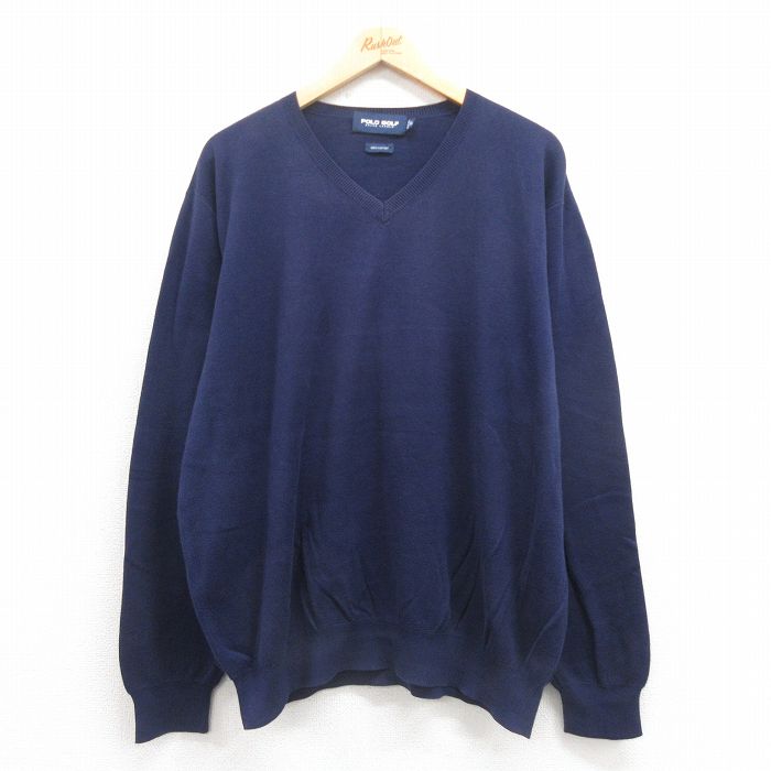XL★古着 ラルフローレン Ralph Lauren ポロゴルフ 長袖 ブランド セーター メンズ 90年代 90s 無地 コットン Vネック 紺 ネイビー 25sep06 中古 ニット トップス