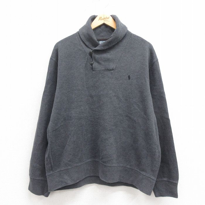 XL★古着 ラルフローレン Ralph Lauren 長袖 ブランド セーター メンズ 90年代 90s ワンポイントロゴ 大きいサイズ ヒジ当てレザー使用 コットン ショールカラー グレー 【spe】 25sep06 中古 ニット トップス