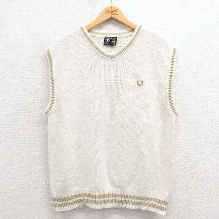 【20%OFF】L★古着 サウスポーツ ニット ベスト メンズ ワンポイントロゴ アクリル Ｖネック 白 ホワイト 25sep06 中古 トップス
