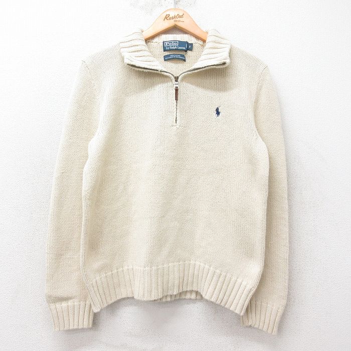 M★古着 ラルフローレン Ralph Lauren 長袖 ブランド ハーフジップ セーター メンズ 90年代 90s ワンポイントロゴ コットン 生成り 【spe】 25sep09 中古 ニット トップス