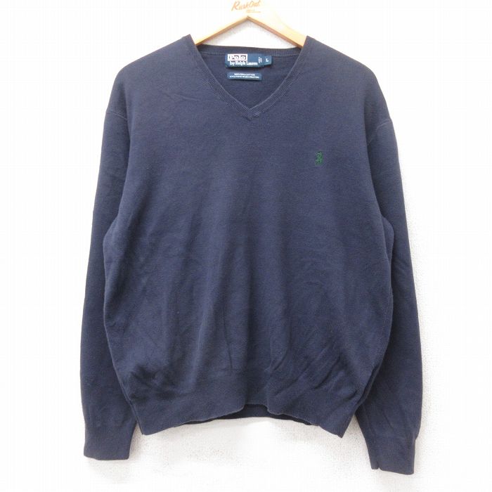 L★古着 ラルフローレン Ralph Lauren 長袖 ブランド セーター メンズ 90年代 90s ワンポイントロゴ コットン Vネック 紺 ネイビー 25sep09 中古 ニット トップス