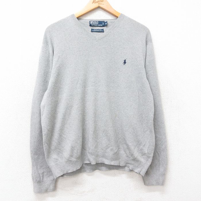 L★古着 ラルフローレン Ralph Lauren 長袖 ブランド セーター メンズ 90年代 90s ワンポイントロゴ コットン Vネック グレー 25sep09 中古 ニット トップス