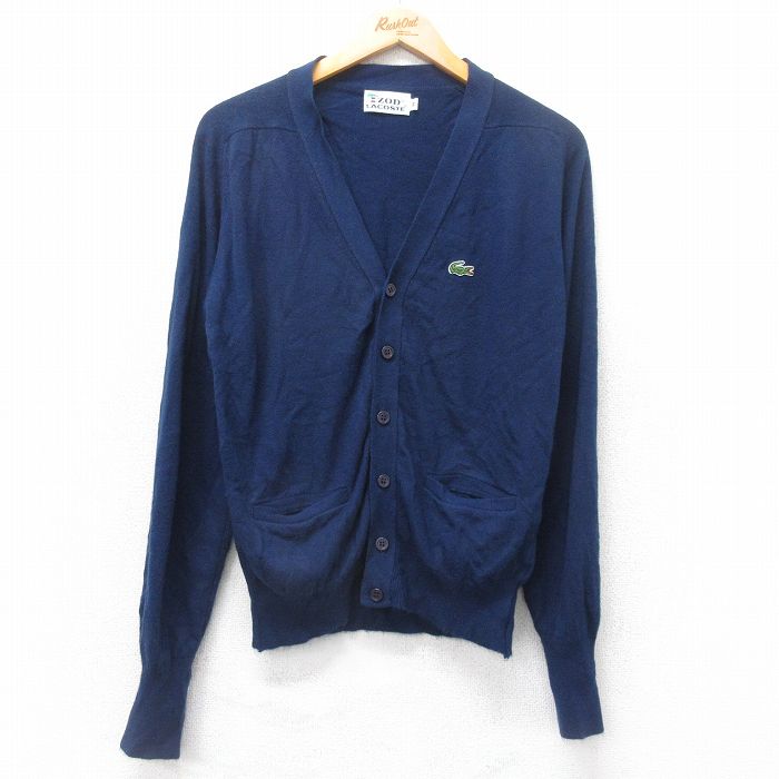 M★古着 ラコステ LACOSTE IZOD 長袖 ブランド ニット　カーディガン メンズ 80年代 80s ワンポイントロゴ アクリル 紺 ネイビー 25sep11 中古 トップス