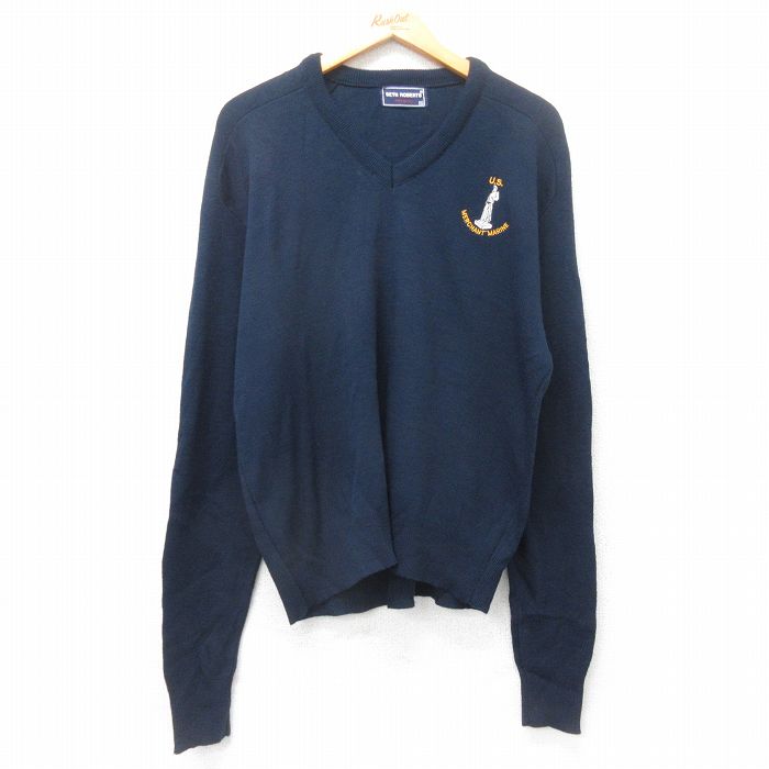 L★古着 長袖 セーター メンズ 90年代 90s MERCHANT MARINE アクリル Vネック USA製 紺 ネイビー 25sep11 中古 ニット トップス