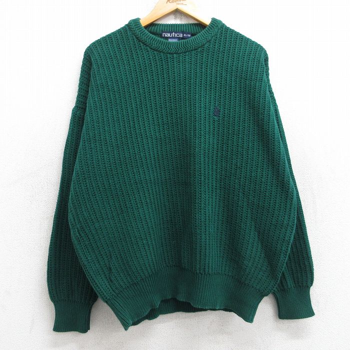 XL★古着 ノーティカ NAUTICA 長袖 ブランド セーター メンズ 90年代 90s ワンポイントロゴ コットン クルーネック 緑 グリーン 25sep12 中古 ニット トップス