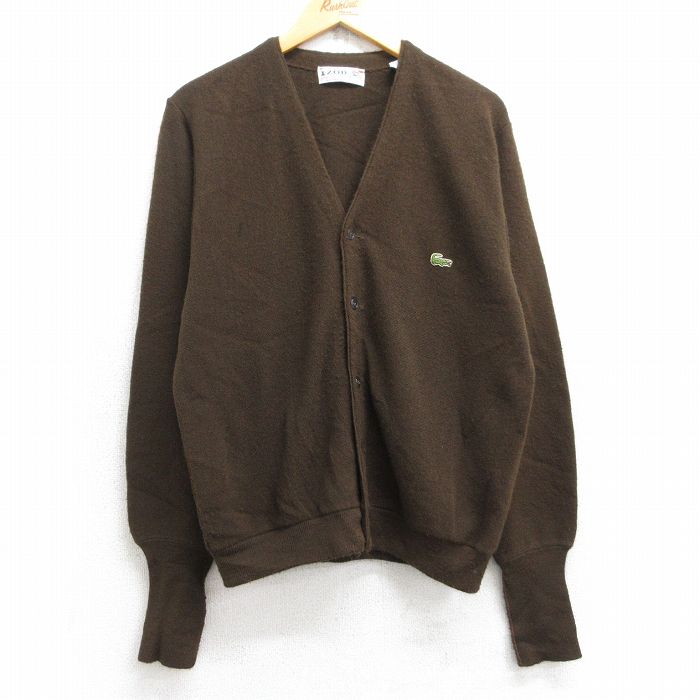 L★古着 IZOD 長袖 ニット カーディガン メンズ 70年代 70s ワンポイントロゴ アクリル USA製 茶 ブラウン 25sep12 中古 トップス